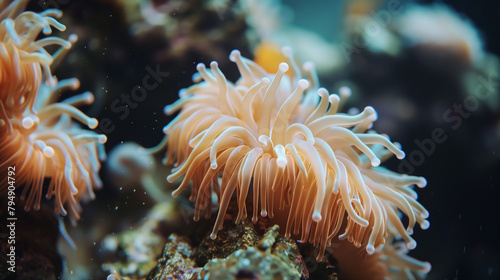 Vibrant sea anemone. Underwater coral reef. Colorful coral reef of the underwater world. Coral reef underwater. Underwater world scene. Clown Fish. beautiful coral. Underwater world. Coral reef. 