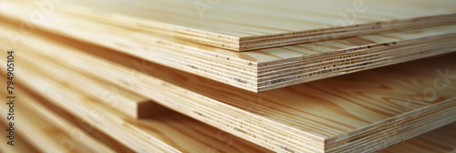 Detailed view of stacked large plywood sheets with smooth surfaces and consistent edges