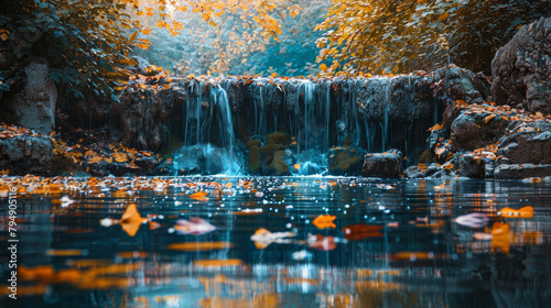 A waterfall with leaves floating in the water