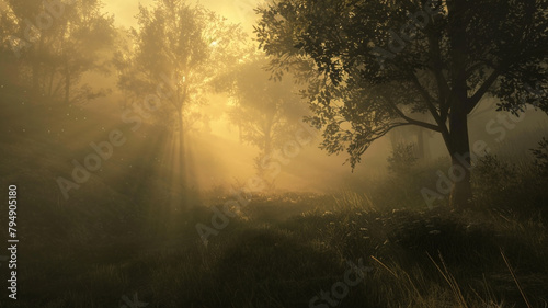 Soft  diffused light bathes the scene in a gentle glow  suffusing the landscape with an aura of quiet contemplation.