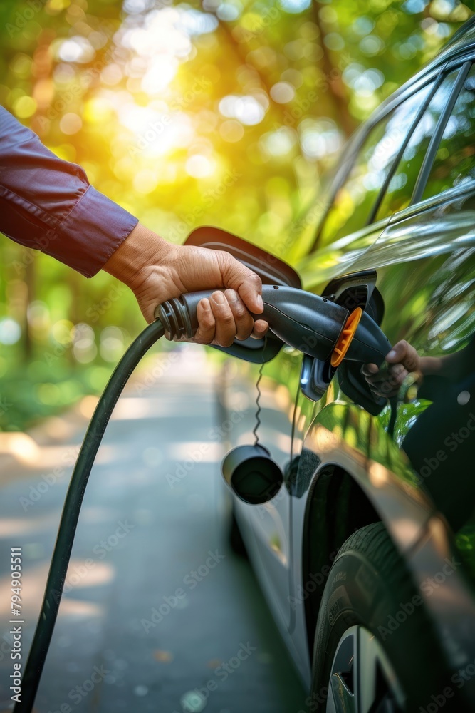 Close-up of a mans hand fueling a car at a gas station Close-up of a mans hand fueling a car at a gas station