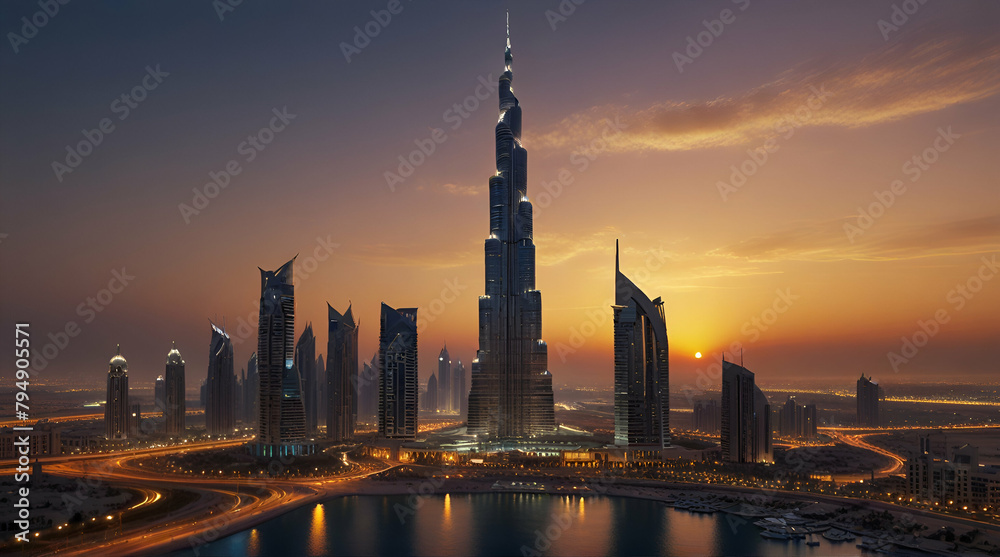 Fototapeta premium Beautiful Dubai downtown at the sunset, Dubai, United Arab Emirates, Generative.AI