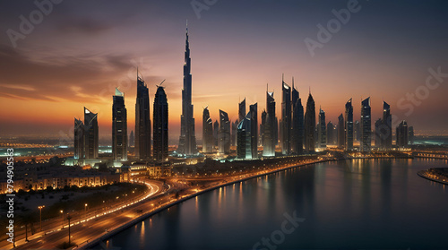  Beautiful Dubai downtown at the sunset, Dubai, United Arab Emirates, Generative.AI