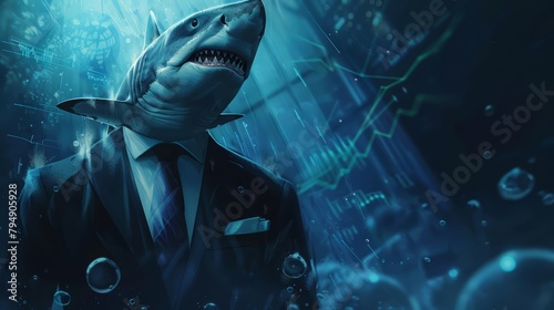 Wallpaper Mural A charismatic shark in a tailored suit, leading a corporate meeting underwater, with bubbles forming graphs and data points Torontodigital.ca