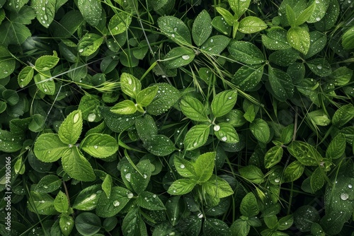 Detailed view of a vibrant green plant covered in glistening water droplets photo