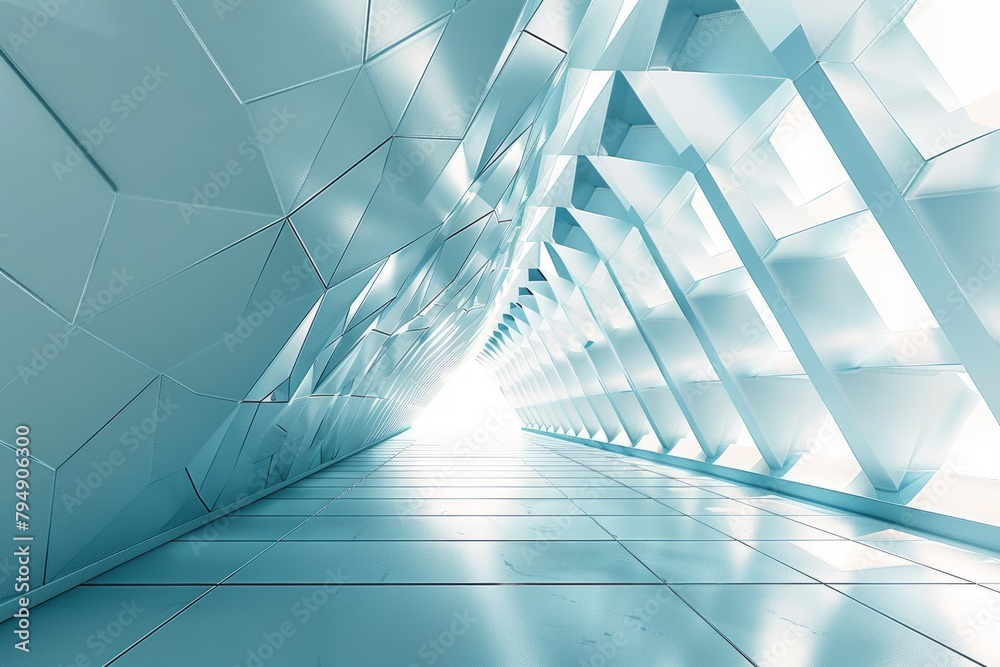 Obraz premium An abstract look at a hallway in a building, showcasing futuristic geometric patterns and a textured wall extending into the distance