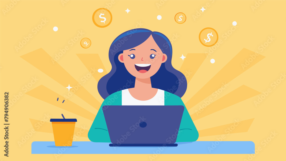 A woman sits in front of her laptop her face lit up with joy as she receives confirmation of a successful investment. A woman sits in front of her laptop her face lit up with joy as she receives confirmation of a successful investment.