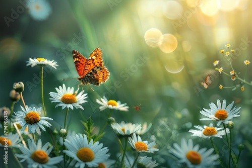 A butterfly perched on a flower in a meadow filled with wild daisies © Elmira