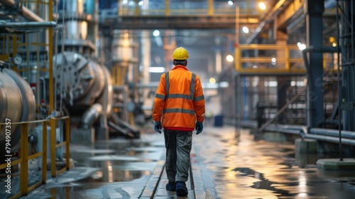 Rear view of an industrial worker walking through a facility