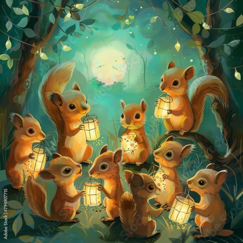 A group of cheerful squirrels  each holding a miniature lantern  participating in a magical lantern festival in a lush  moonlit forest