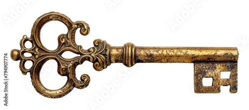 Vintage ornate skeleton key with golden patina isolated on transparent background photo