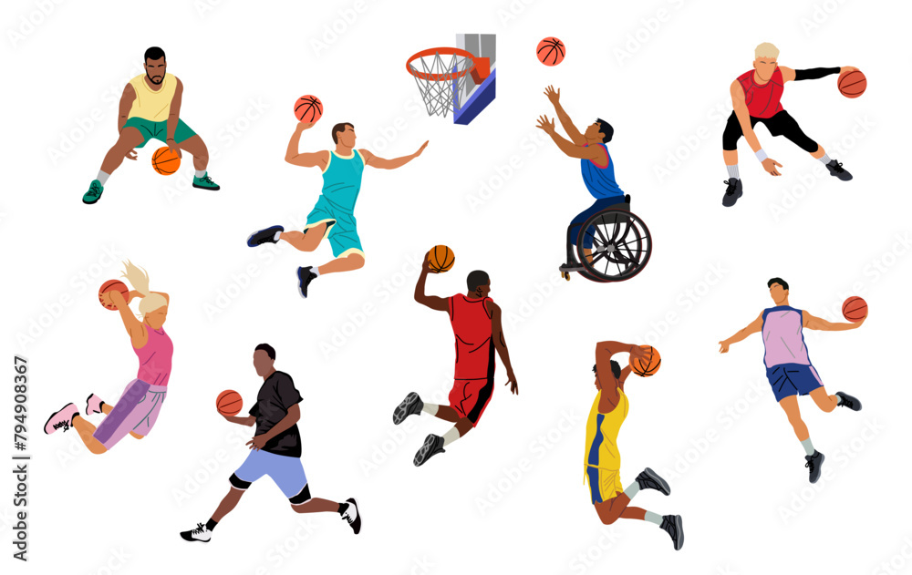 Set of different sports men, woman, disabled person in wheelchair basketball players. Professional sportsmen with ball, basket with net and shield . Vector illustrations on transparent background.