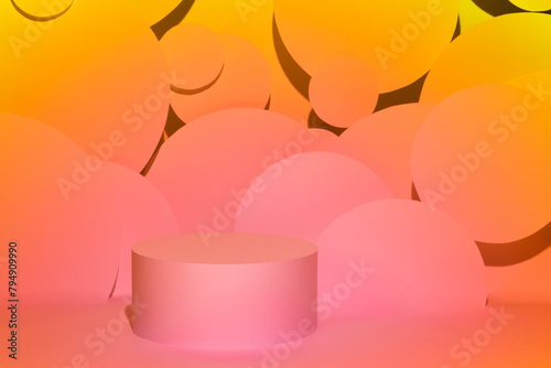 Abstract stage for presentation skin care products - one round podium mockup in yellow, pink neon gradient light, bubbles fly as decor. Template for gifts, advertising in vaporwave, hipster style.
