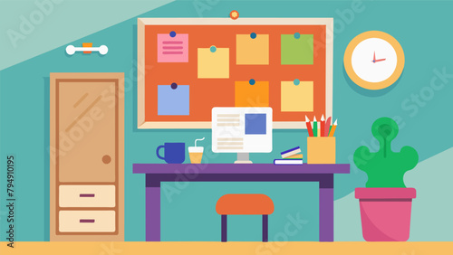 A colorful and inspirational bulletin board is hung above a simple and functional desk that doubles as a storage unit encouraging organization