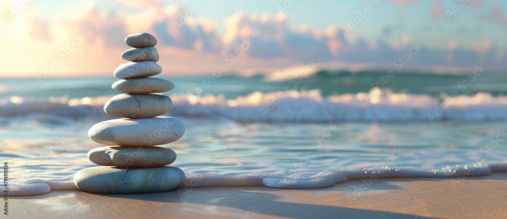 A stack of balanced rocks on the beach with waves in background A stack of balanced rocks on the beach with waves in background