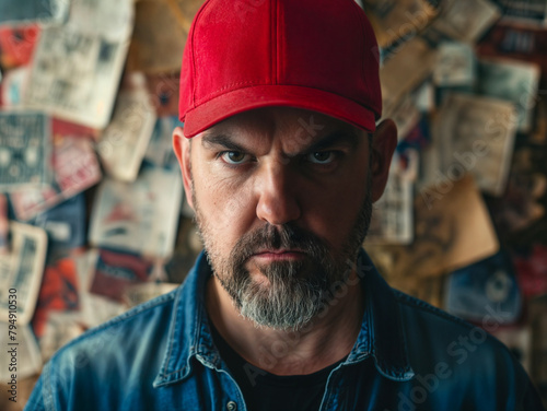 Angry man wearing red cap standing in front of wall tracking conspiracy theories