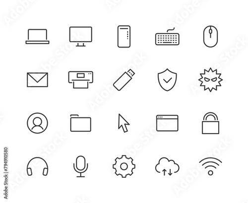 パソコン関連の線画アイコンセット
