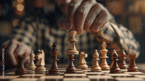 Close-up Of Man Placing King Chess Piece On Stacked Wooden Blocks Over Chessboard photo