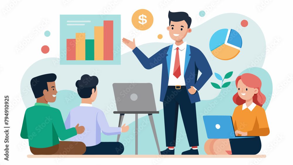 An entrepreneur confidently presenting their business pitch to a panel of investors with a solid financial plan provided by their bank. An entrepreneur confidently presenting their business pitch to a panel of investors with a solid financial plan provided by their bank.