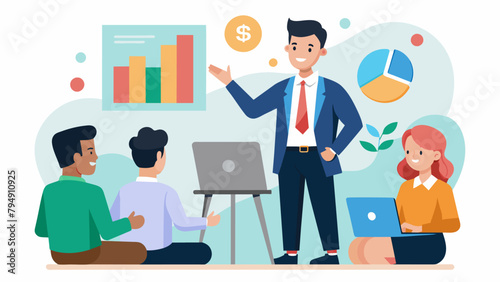 An entrepreneur confidently presenting their business pitch to a panel of investors with a solid financial plan provided by their bank.