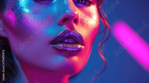 Beautiful female model with metallic red lips and bright colorful neon blue and purple lights posing in studio. Bright sparkling neon makeup
