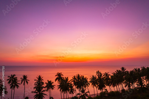 Fototapeta Naklejka Na Ścianę i Meble -  Beautiful sunset on a tropical paradise beach. Tropical sunset with palm tree silhouette. 
