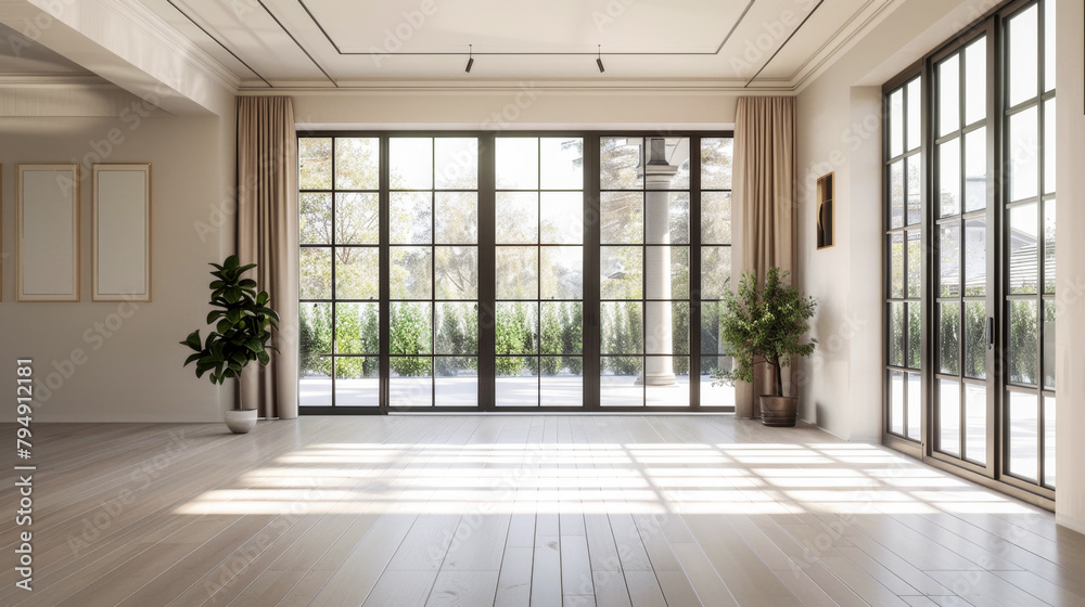 Obraz premium A large open living room with a lot of natural light and a few potted plants. The room is very spacious and clean, with a modern design. The curtains are drawn back