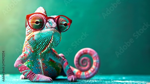 Colorful chameleon with stylish glasses posing on a teal background. Vivid, creative still life photography with a fun twist. Perfect for quirky projects. AI