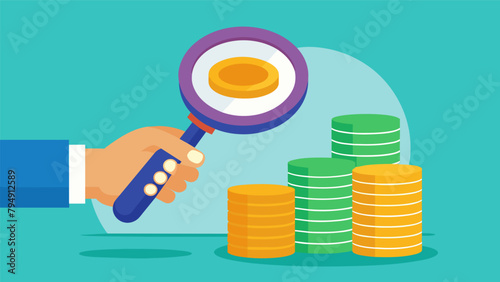 A hand holding a magnifying glass examining a stack of coins symbolizing the need for careful consideration and analysis of different