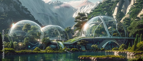 A Futuristic bio-dome housing lush gardens and eco-friendly living spaces in a sci-fi setting. photo