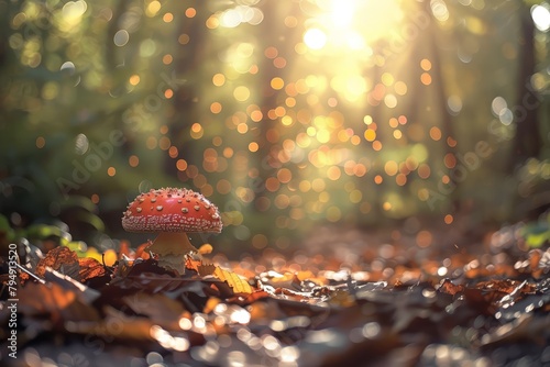A mushroom is sitting on a pile of leaves in the sun