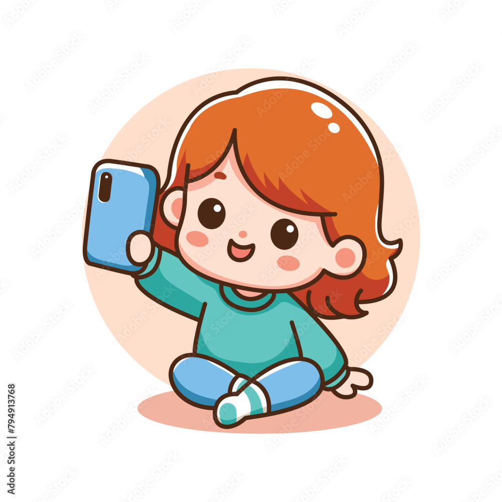 Cute little girl taking a selfie with smartphone. Vector illustration. Cute little girl taking a selfie with smartphone. Vector illustration.