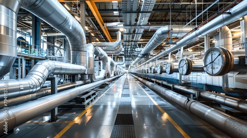 Modern industrial interior of a factory with pipes and equipment. Clean and organized manufacturing space. Perfect for industrial design usage. AI