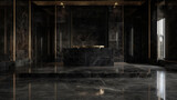 A large room with a black marble floor and a black marble counter. The room is empty and has a very elegant and luxurious feel to it