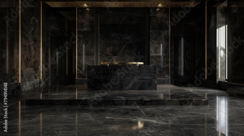 A large room with a black marble floor and a black marble counter. The room is empty and has a very elegant and luxurious feel to it