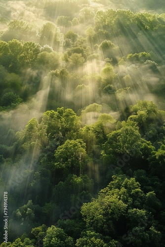 Sunrays through misty forest early morning