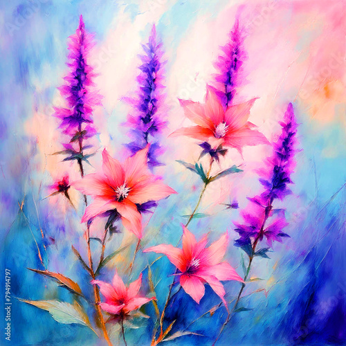 Floral colourful bloomy vibrant watercolour oil painting splash colour of blazing-star flowers