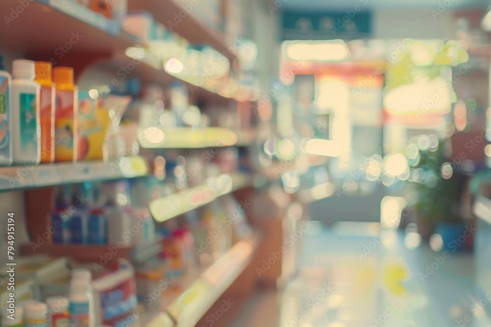 .Blurred pharmacy background with shelves full of medicine and healthcare products.