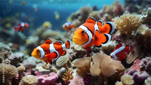 Clownfish, exotic fish, coral reefs, a colorful underwater environment, and underwater ecosystems