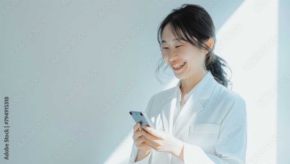 A smiling Japanese business woman holding her smartphone. asian businesswoman on white background A smiling Japanese business woman holding her smartphone. asian businesswoman on white background