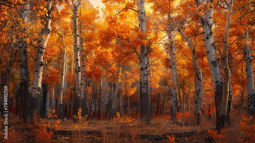 Eastern Cottonwood forest in autumn, with vibrant hues of orange and yellow adorning the leaves, creating a stunning display of seasonal beauty amidst the tranquil woodland setting.