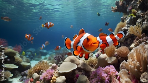 Clownfish, exotic fish, coral reefs, a colorful underwater environment, and underwater ecosystems