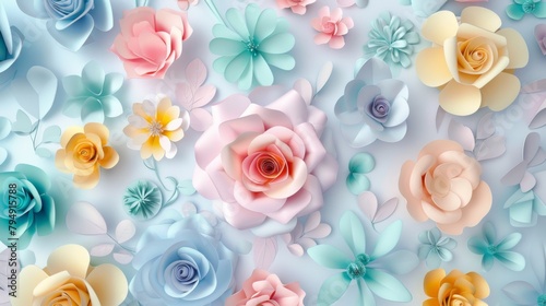 3d paper cut spring floral background with colorful flowers and leaves