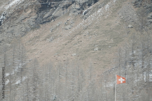 swiss flags against the swiss alp mountains pontresina photo