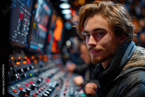 A stage manager watches from the sidelines, orchestrating the flow of the interview and coordinating the timing of commercial breaks and transitions