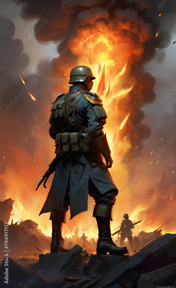 Soldier boots view with fire explosion in background representing war front. Soldier boots view with fire explosion in background representing war front.