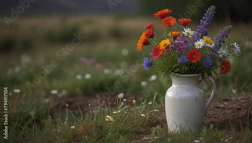 A bouquet of plucked wildflowers in a white clay jug against a background of a green field of grass.