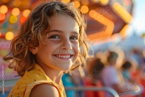 Joyful Young Girl Smiling Brightly at Festive Carnival or Amusement Park Enjoying Carefree Fun and Entertainment
