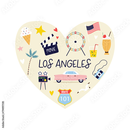 Colorful design with symbols, animals landmarks of Los Angeles, USA. Can be used for posters, travel guides, wall arts