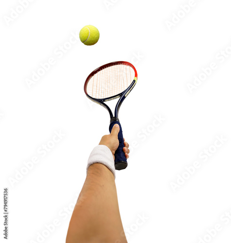 Close-up of hand holding a tennis racket hitting a ball isolated on white background © cunaplus
